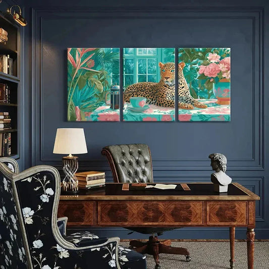 3pcs Exquisite Leopard with Tropical Plants & Tea Metal Print Ready to Hang Art