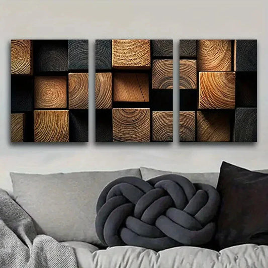3pcs Featuring Dark Textured Wooden Blocks Metal Print Ready to Hang Art