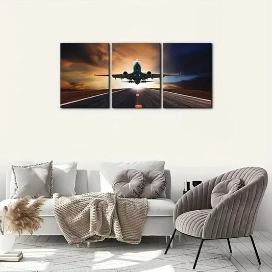 3pcs Plane Flying Over Runway Posters Metal Print Ready to Hang Art
