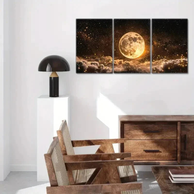 3pcs Space Starry Sky Full Moon & Golden Stars Metal Print Ready to Hang Art