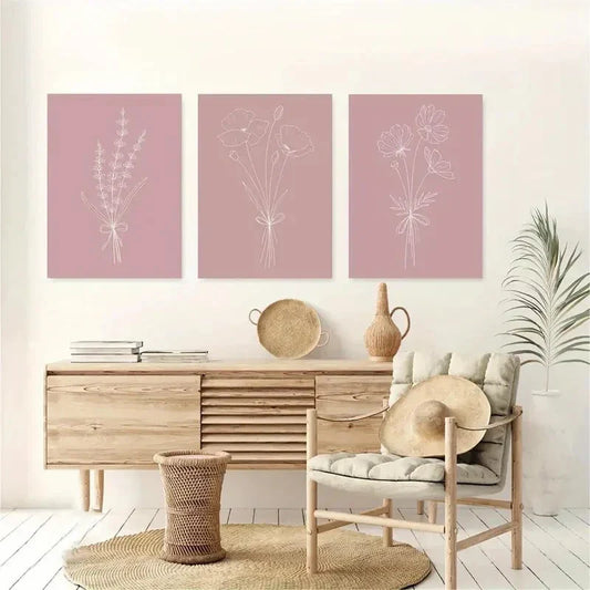 3pcs Elegant Pink Flower Design Metal Print Ready to Hang Art