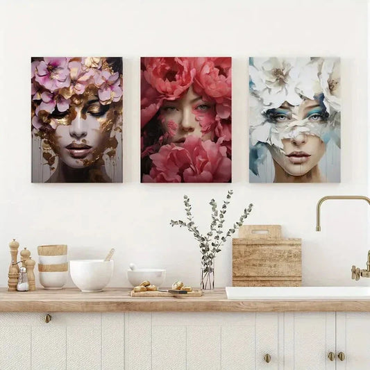 3pcs Woman Portrait with Golden & Pink Flowers Metal Print Ready to Hang Art