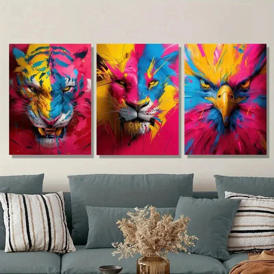 3pcs Vibrant Tiger & Lion Colorful Abstract Metal Print Ready to Hang Art