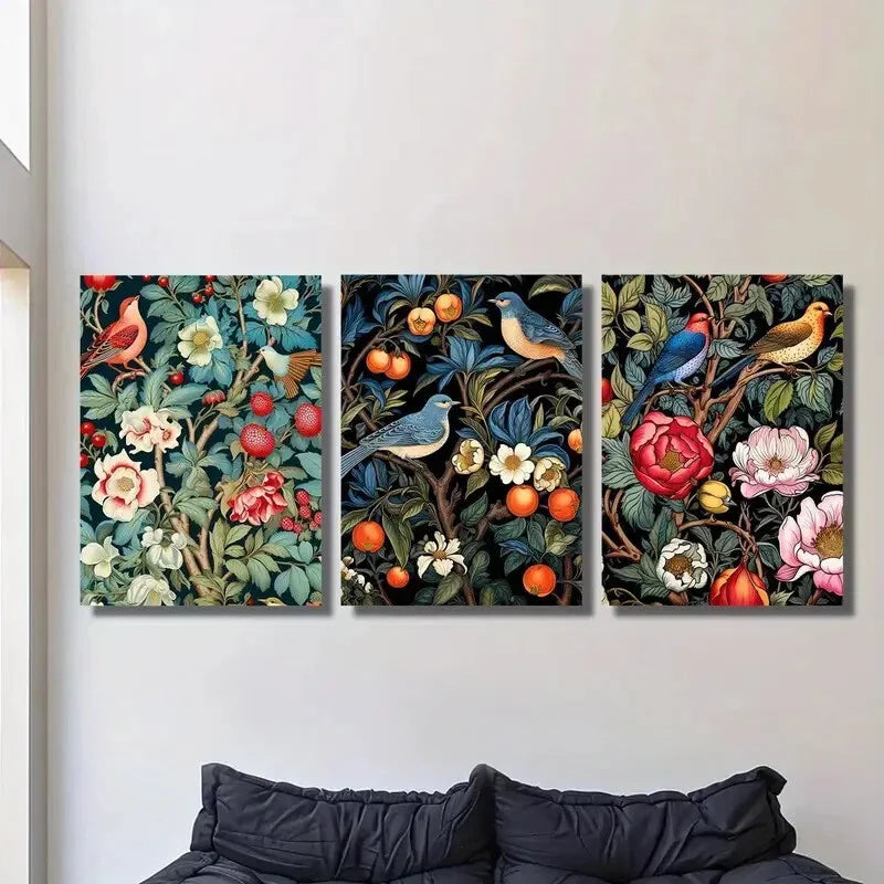 3pcs Plants flowers, birds, watercolor painting, Metal Print Ready to Hang Art