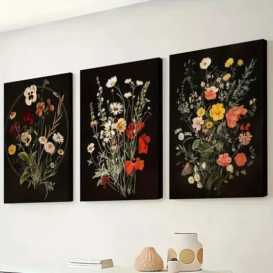 3pcs Vintage flowers, Moody Gothic Natural Wall Art Set Canvas Framed 40x60cm - High Quality Print 100% Australian Made Wall Canvas Ready to Hang