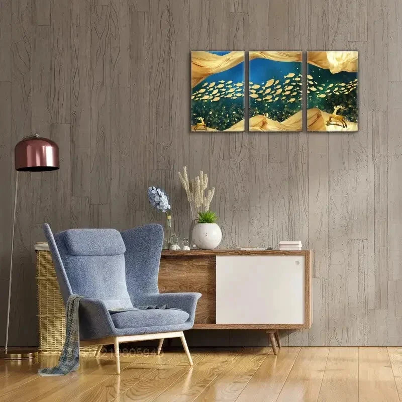 3pcs Underwater world, a group of Golden fish Metal Print Ready to Hang Art