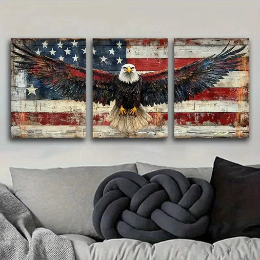 3pcs The eagle in front of the American flag Metal Print Ready to Hang Art