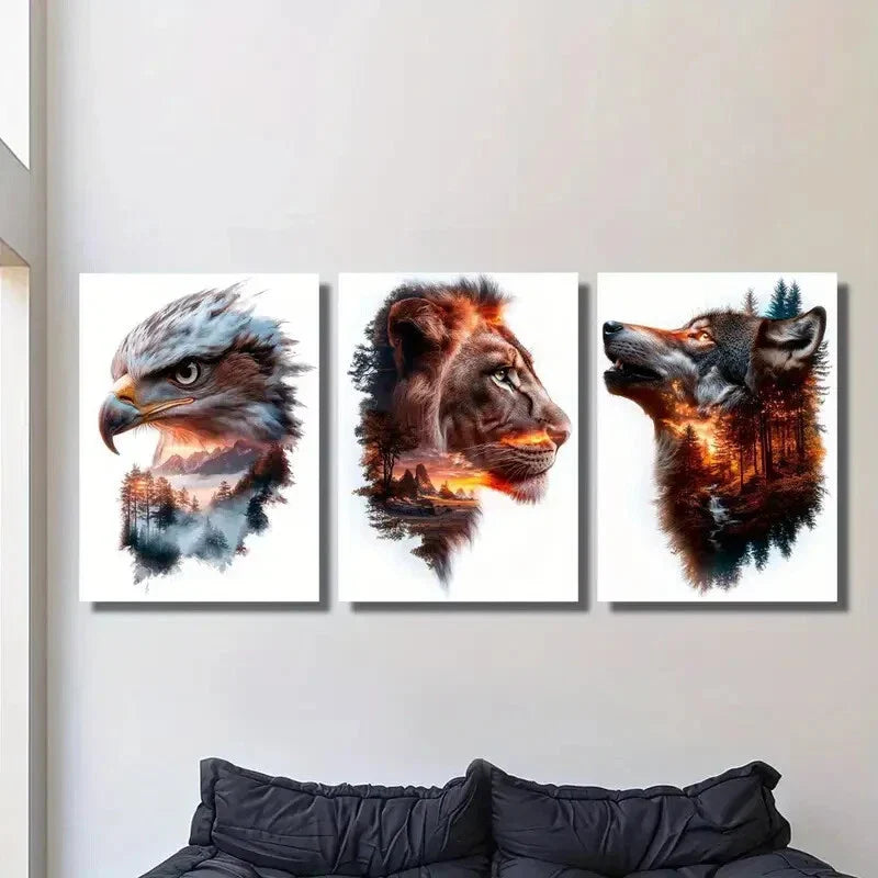 3pcs Animals and nature mountains and trees Metal Print Ready to Hang Art
