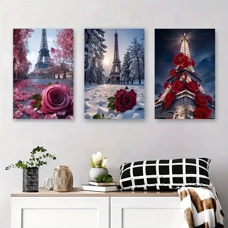 3pcs Romantic Paris Landscape with Roses, Seasona Metal Print Ready to Hang Art