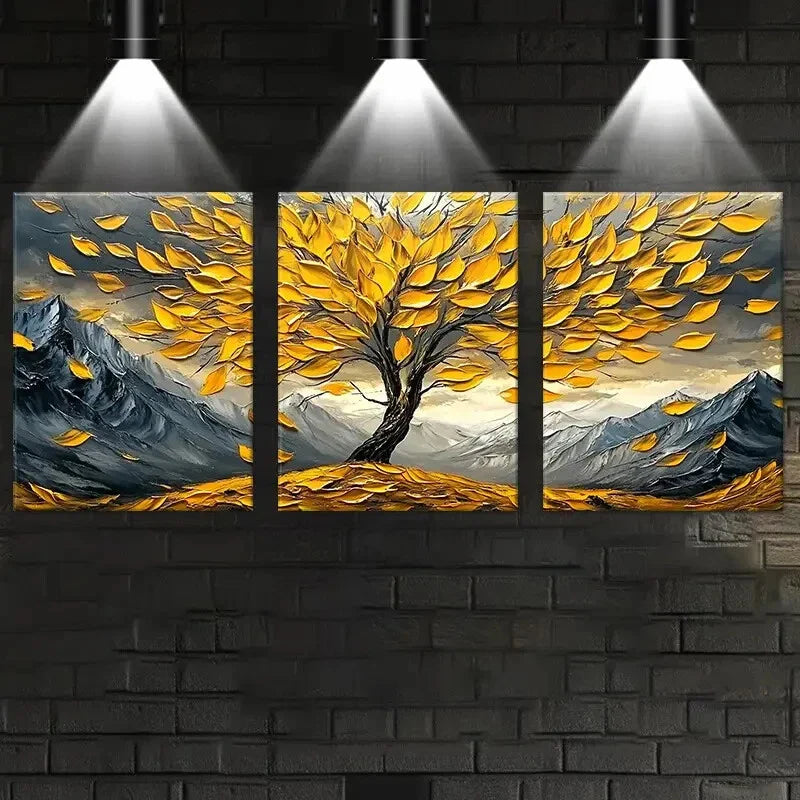 3pcs Vibrant Autumn Foliage, Golden Leaves Metal Print Ready to Hang Art