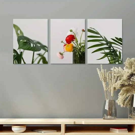 3pcs Vibrant Flower with Greenery Metal Print Ready to Hang Art