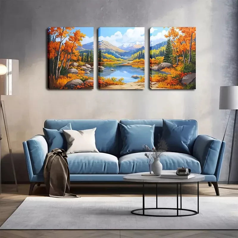 3pcs Mountains And Lakes In Autumn Wall Art Set Canvas Framed 40x60cm - High Quality Print 100% Australian Made Wall Canvas Ready to Hang