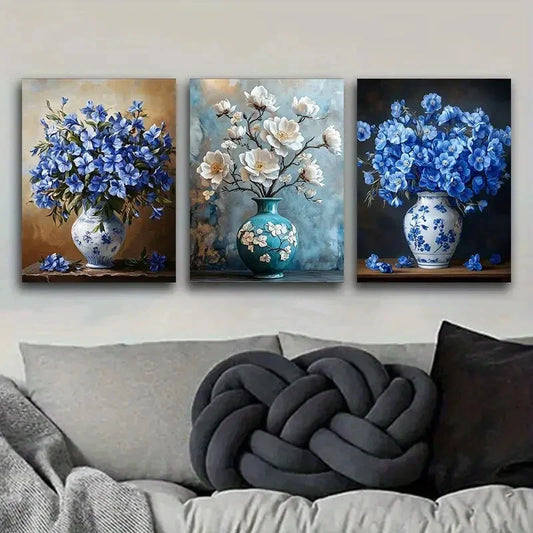 3pcs Canvas Painting Blue And White Vase Metal Print Ready to Hang Art