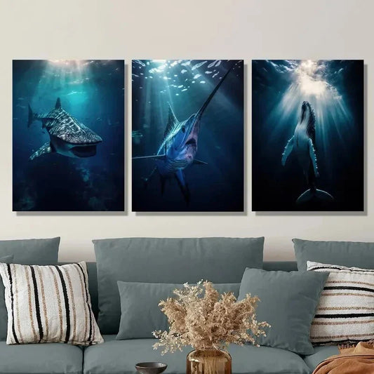 3pcs Whale Shark Swordfish Blue Whale Metal Print Ready to Hang Art