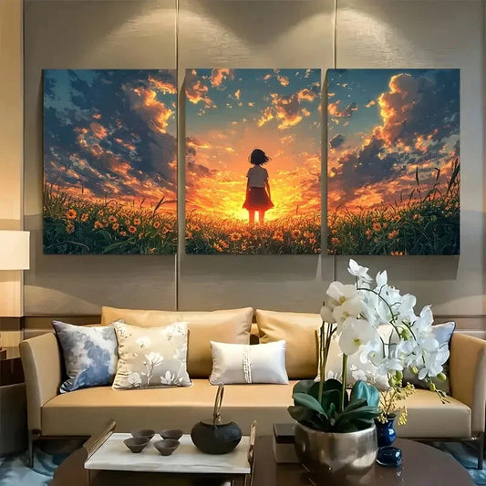 3pcs Serene Sunflower Field at Sunset Metal Print Ready to Hang Art