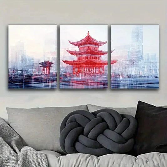 3pcs Chinese-style tower Art Painting Metal Print Ready to Hang Art