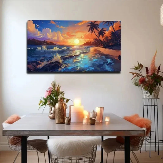 Sea Dusk Beach Scene Bohemian Wall Art Canvas Office Home Room Framed 80x45cm