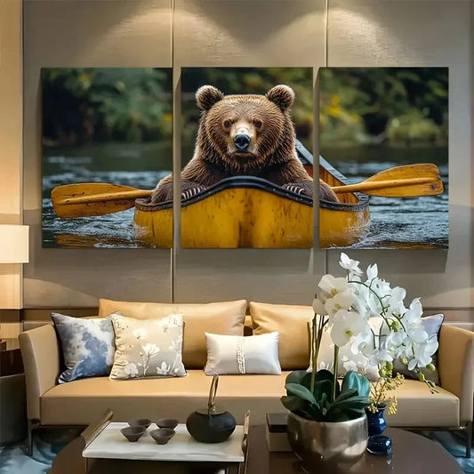 3pcs Giant Brown Bear in Canoe Metal Print Ready to Hang Art