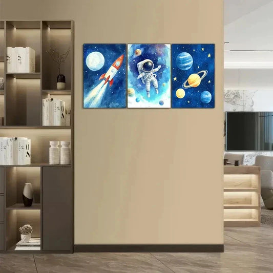 3pcs Vibrant Blue Starry Sky Planets & Stars Metal Print Ready to Hang Art