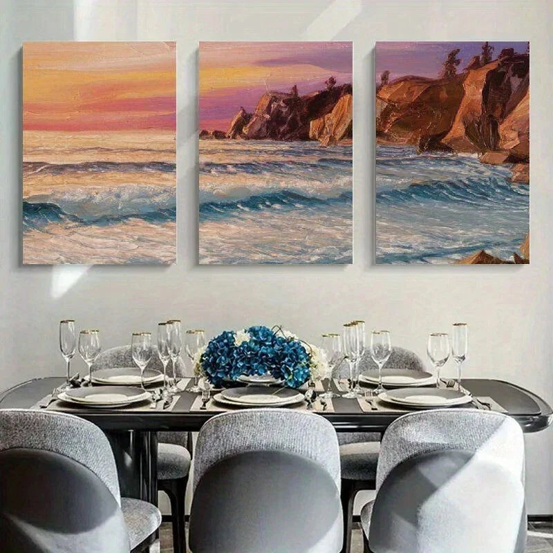 3pcs Sea View Brown Mountain Waves Metal Print Ready to Hang Art