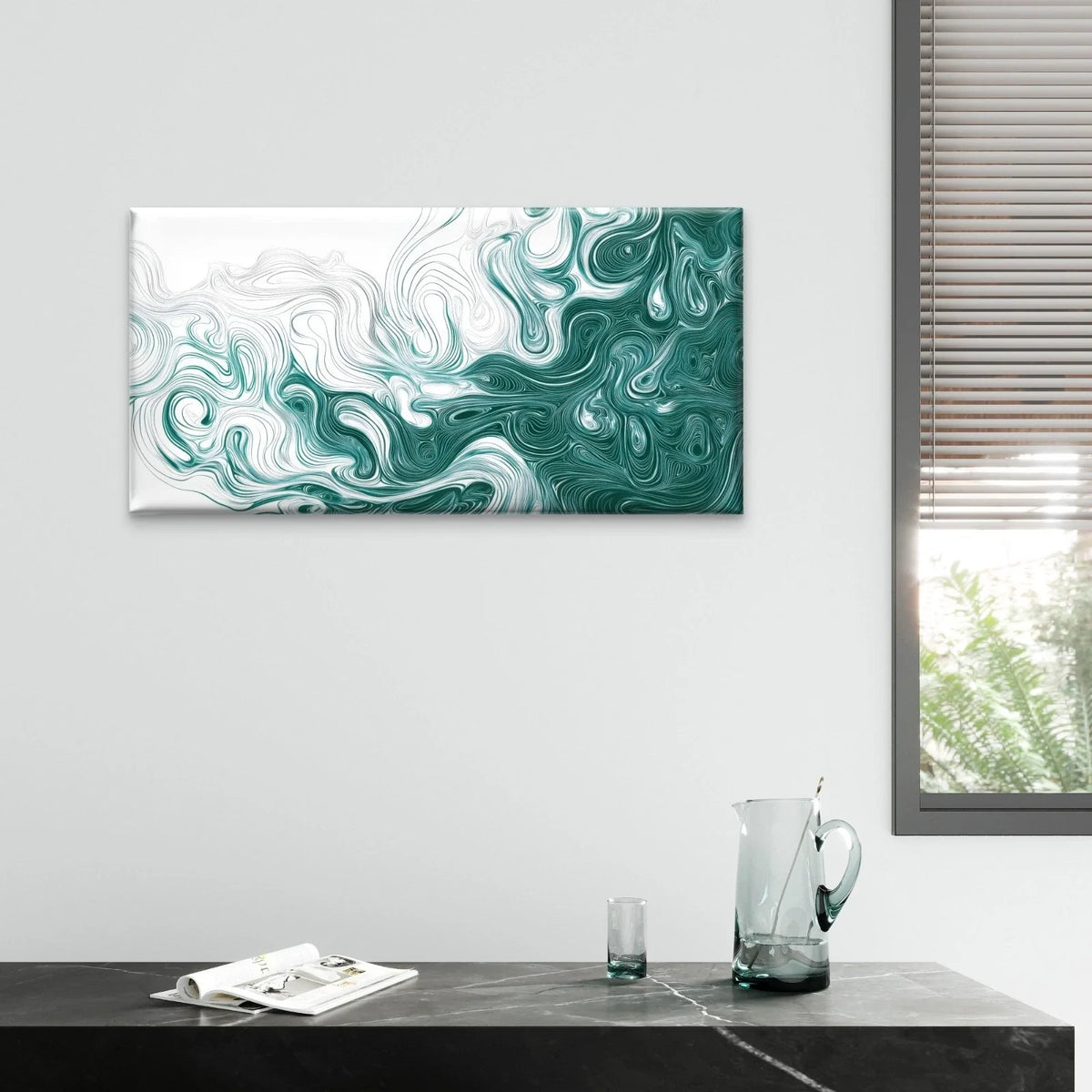 Abstract Green and White Fluid Paint Wall Art Canvas Office Home Framed 120x60cm