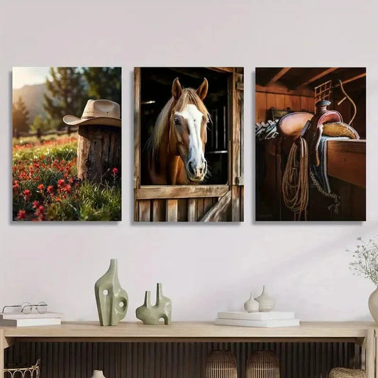 3pcs Western legend cowboy hat, saddle horse Metal Print Ready to Hang Art