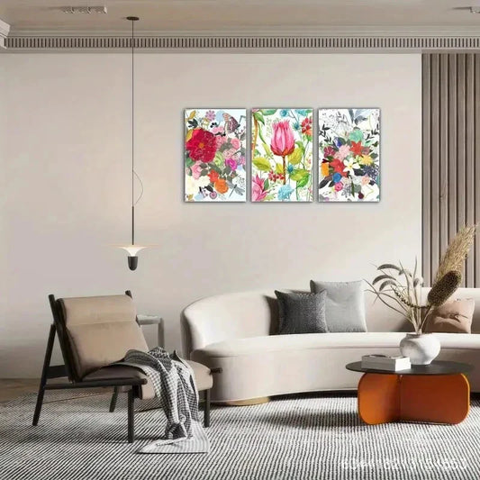 3pcs Vibrant Floral and Butterfly Pop Art Metal Print Ready to Hang Art