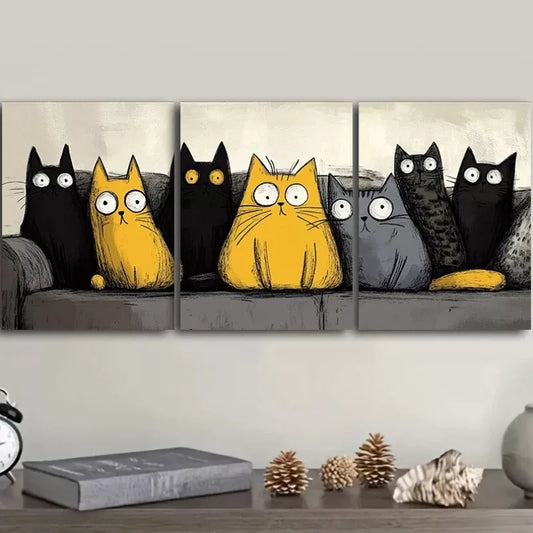 3pcs Modern Art Deco Cat Contemporary Wall Art Set Canvas Framed 40x60cm - High Quality Print 100% Australian Made Wall Canvas Ready to Hang