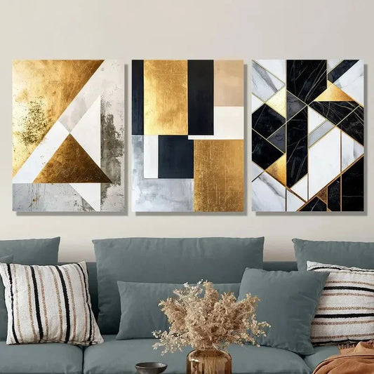 3pcs Abstract Black & Golden Marble Metal Print Ready to Hang Art