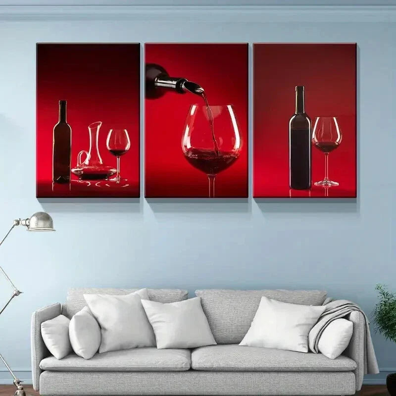 3pcs Red Wine and Glass Painting Metal Print Ready to Hang Art