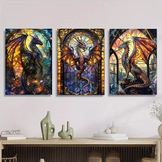 3pcs Science Fiction Stained Glass Window Metal Print Ready to Hang Art
