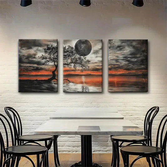 3pcs Featuring Dramatic Sunset Moon Perfect Wall Art Set Canvas Framed 40x60cm - High Quality Print 100% Australian Made Wall Canvas Ready to Hang