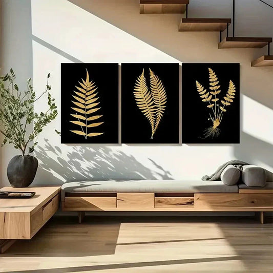 3pcs Elegant Golden Fern Botanical Prints Metal Print Ready to Hang Art