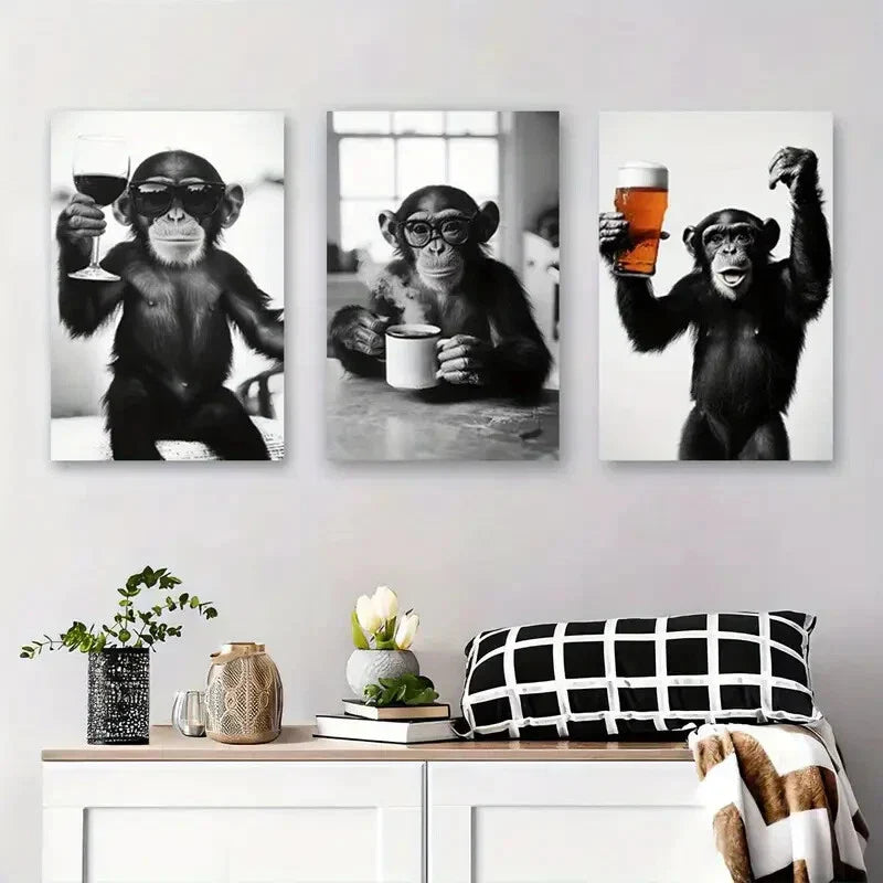 3pcs Black and White Monkey with Drinks, Metal Print Ready to Hang Art
