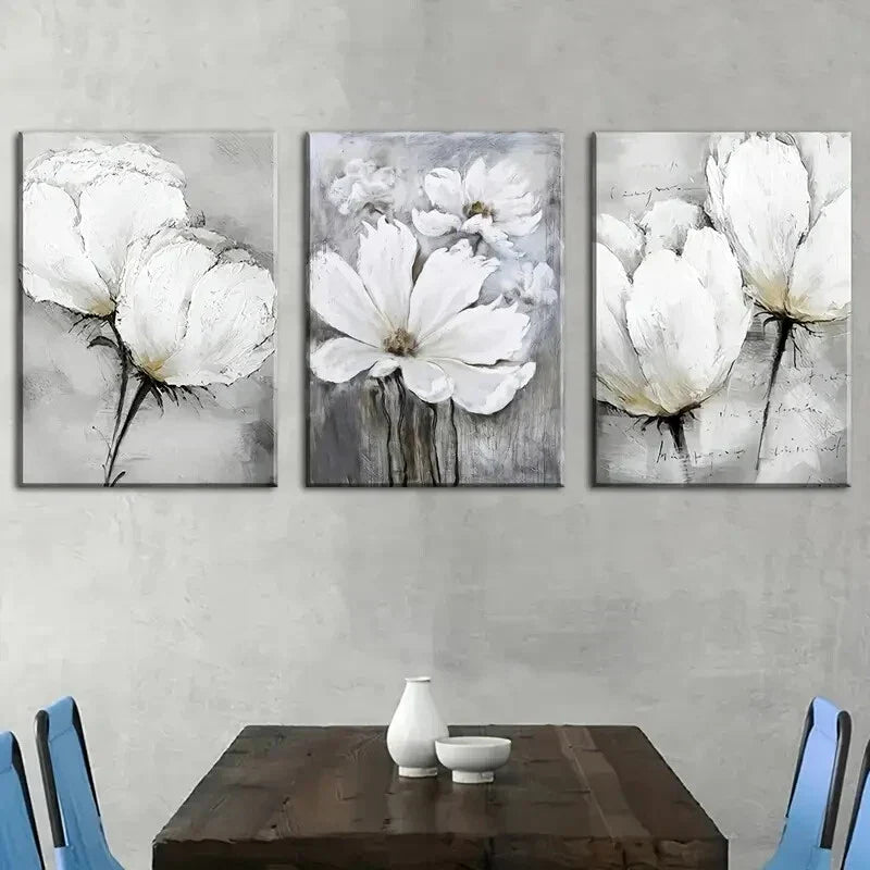 3pcs White Floral Abstract Metal Print Ready to Hang Art