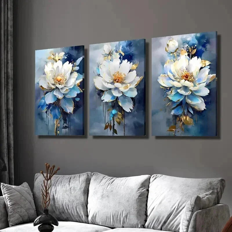 3pcs Modern Luxury Blue and White Floral Wall Art Set Canvas Framed 40x60cm - High Quality Print 100% Australian Made Wall Canvas Ready to Hang
