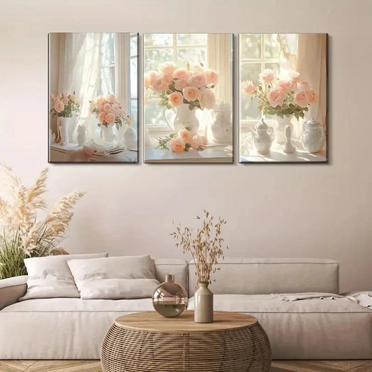 3pcs Soft Pink Roses In Elegant Porcelain Vases Metal Print Ready to Hang Art