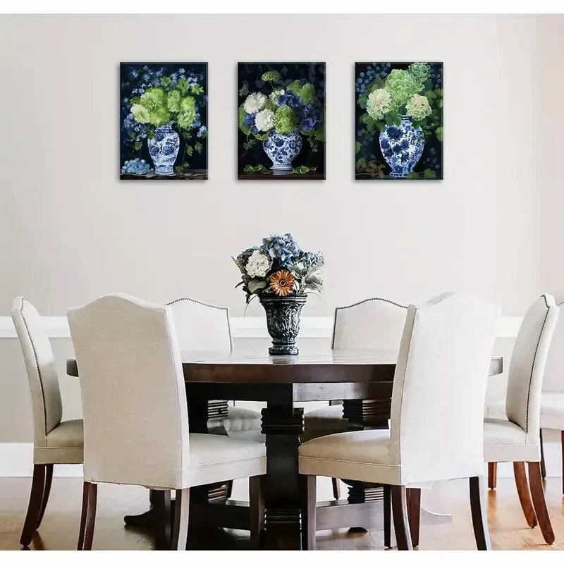 3pcs Aesthetic Blue & White Porcelain Vase Metal Print Ready to Hang Art