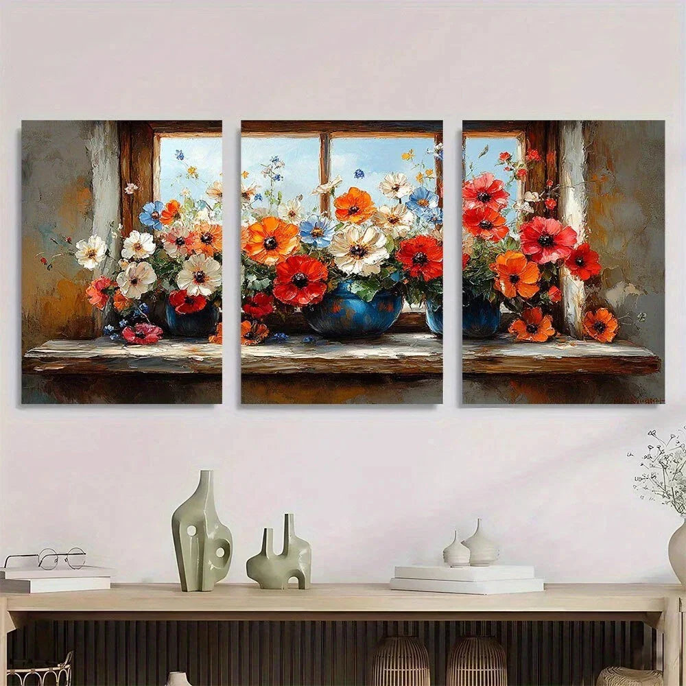 3pcs Vibrant Floral Window Sill Metal Print Ready to Hang Art