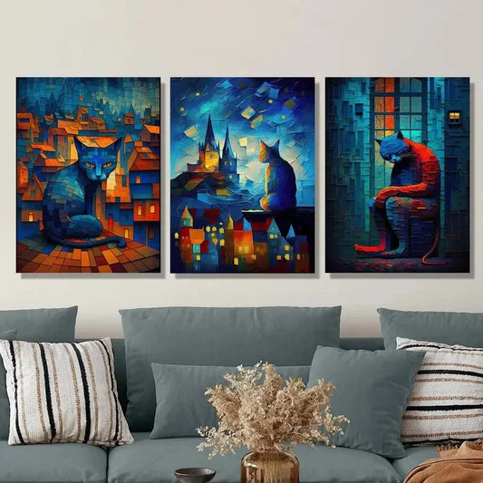 3pcs Cat sitting on the roof under starry night Metal Print Ready to Hang Art