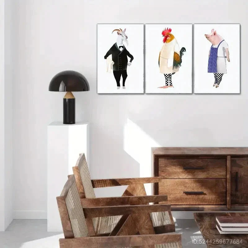 3pcs Goat Rooster Pig Animal Portrait Art Poster Metal Print Ready to Hang Art