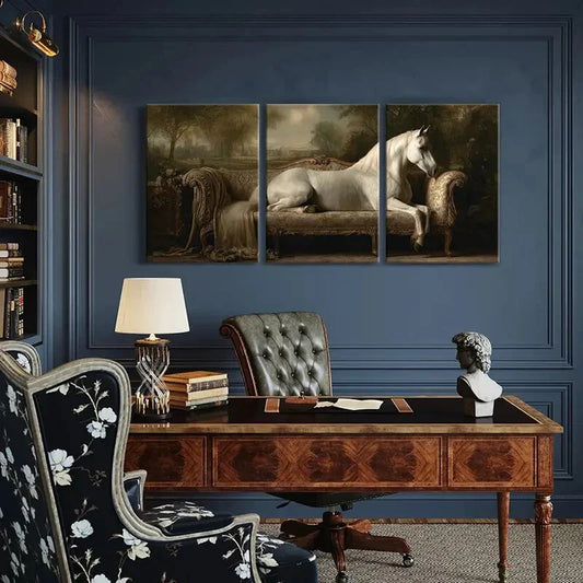 3pcs Elegant Vintage White Horse On Ornate Sofa Metal Print Ready to Hang Art