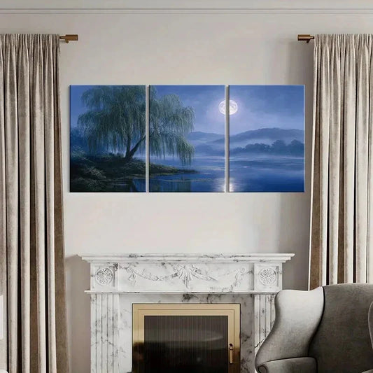 3pcs Moonlit Willow Reflection Landscape Metal Print Ready to Hang Art