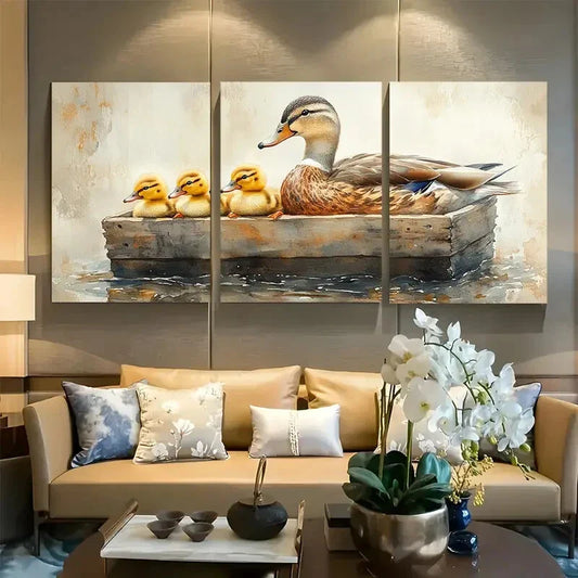 3pcs Mama Duck And Duckling Swimming Metal Print Ready to Hang Art