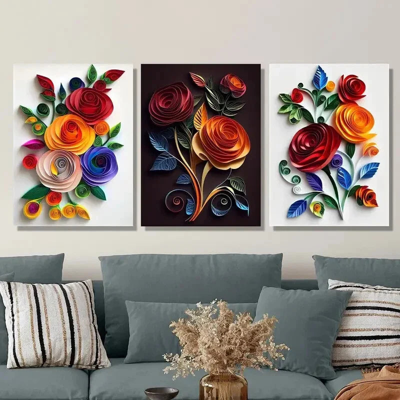 3pcs Colorful Rose & Leaf Designs, Metal Print Ready to Hang Art
