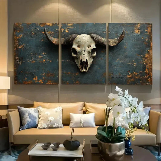 3pcs Rustic Mysterious Buffalo Skull Metal Print Ready to Hang Art