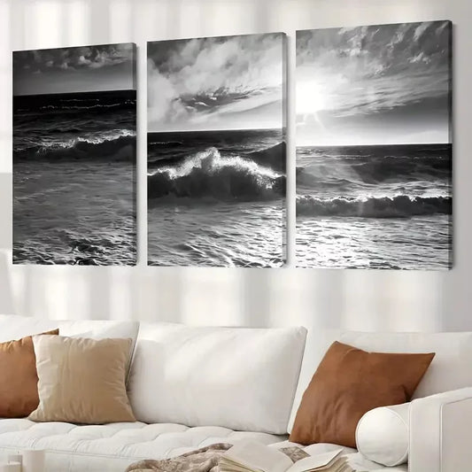 3pcs Dark Ocean Wave on Beach Canvas Framed 40x60cm - High Quality Print 100% Australian Made Wall Canvas Ready to Hang