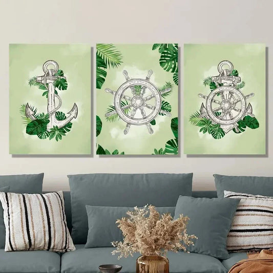 3pcs helm and anchor on plant leaves Metal Print Ready to Hang Art
