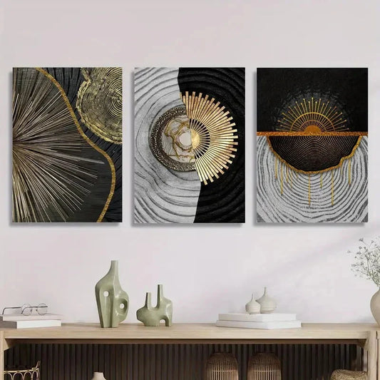 3pcs Black, White & Golden Textures, Metal Print Ready to Hang Art