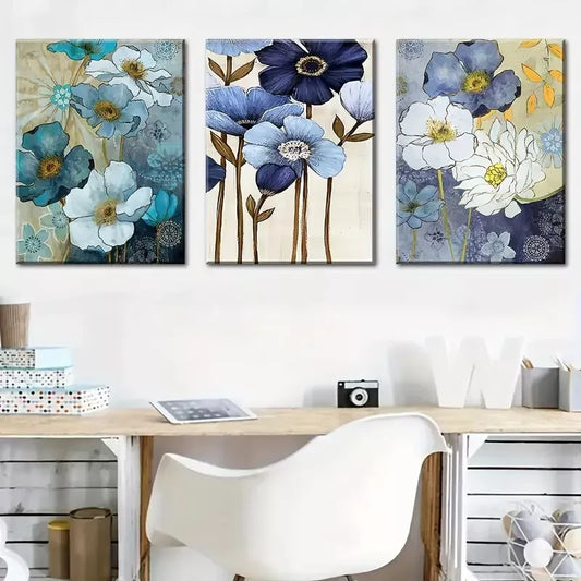 3pcs Abstract floral blue for Lotus Flowers Wall Art Set Canvas Framed 40x60cm - High Quality Print 100% Australian Made Wall Canvas Ready to Hang